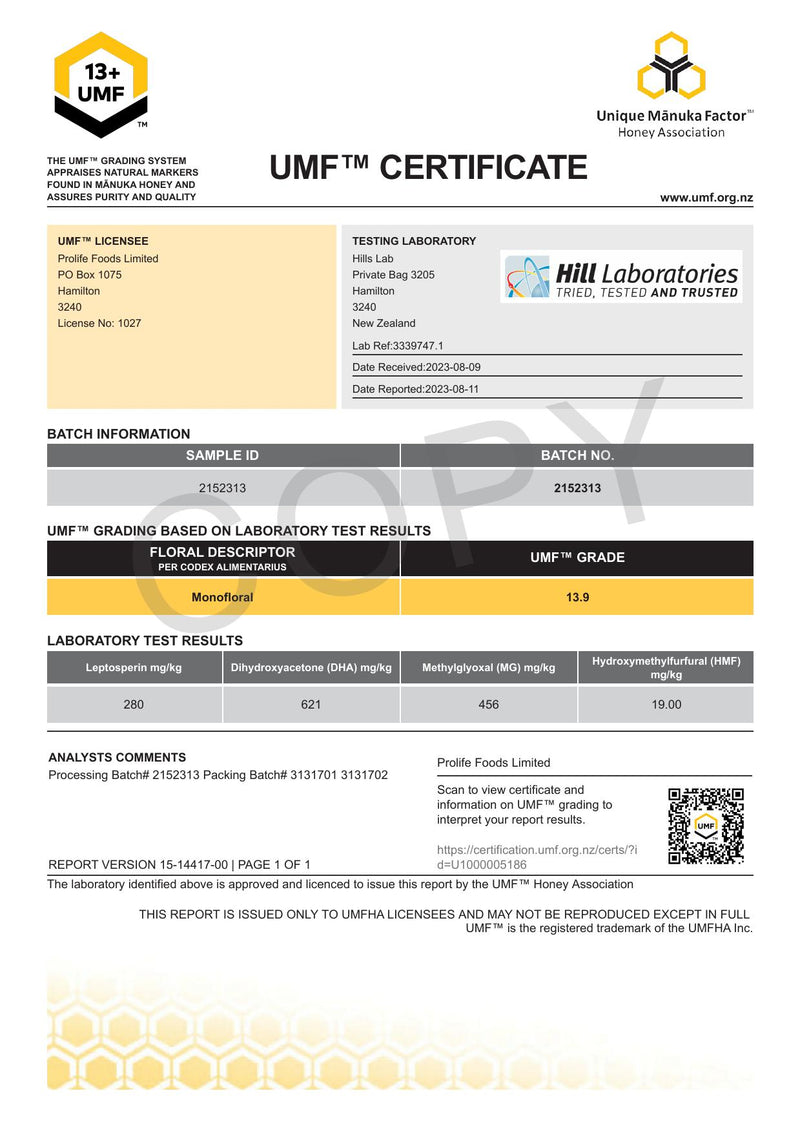 HADDRELL's Manuka Honey UMF 13+, MGO 456 mg/kg, 500g