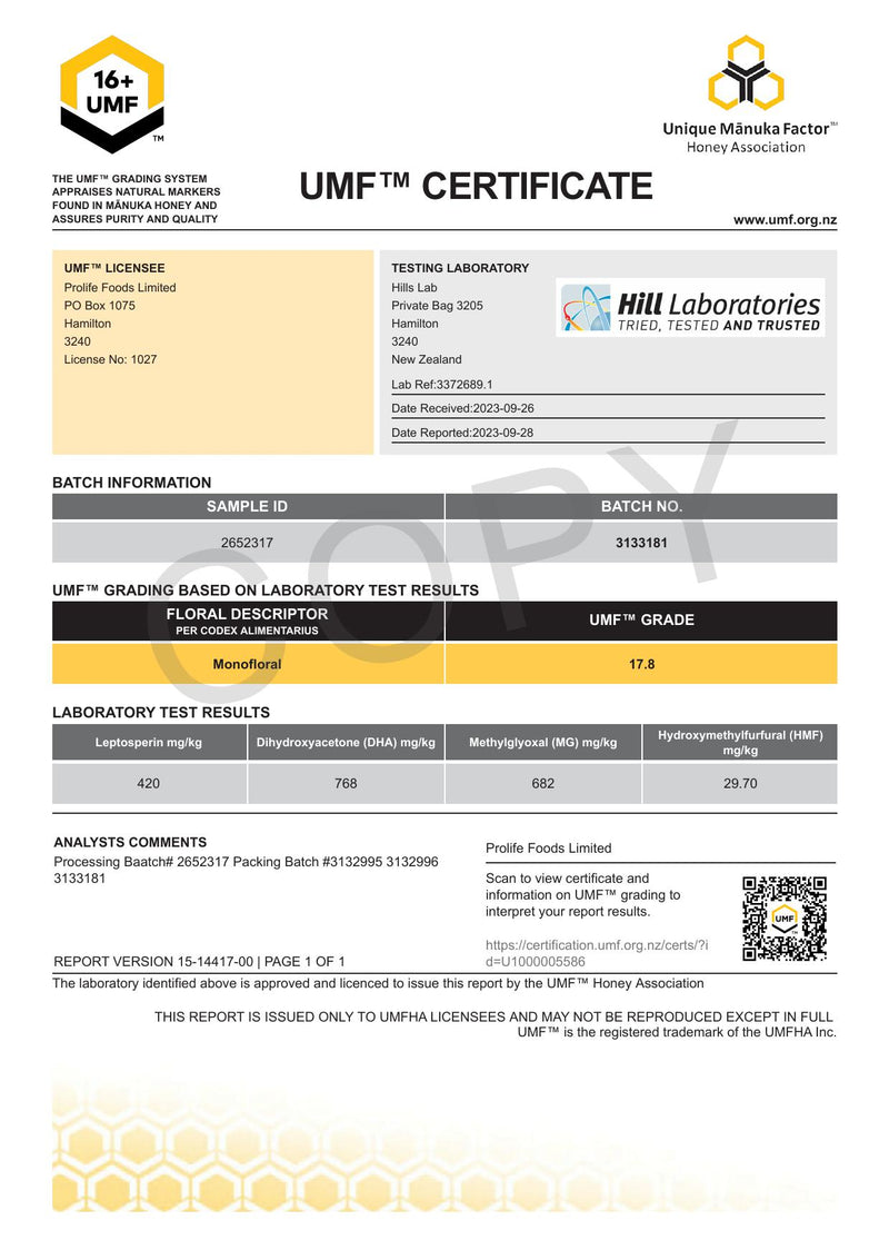 HADDRELL's Manuka Honey UMF 16+, MGO 682 mg/kg, 500g