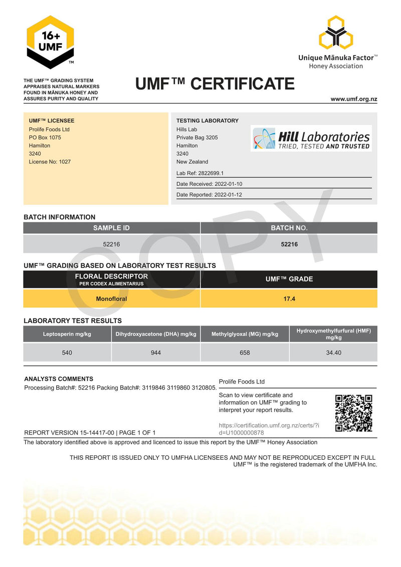 HADDRELLS Manuka Honey UMF 16+, MGO 658 mg/kg, 500g