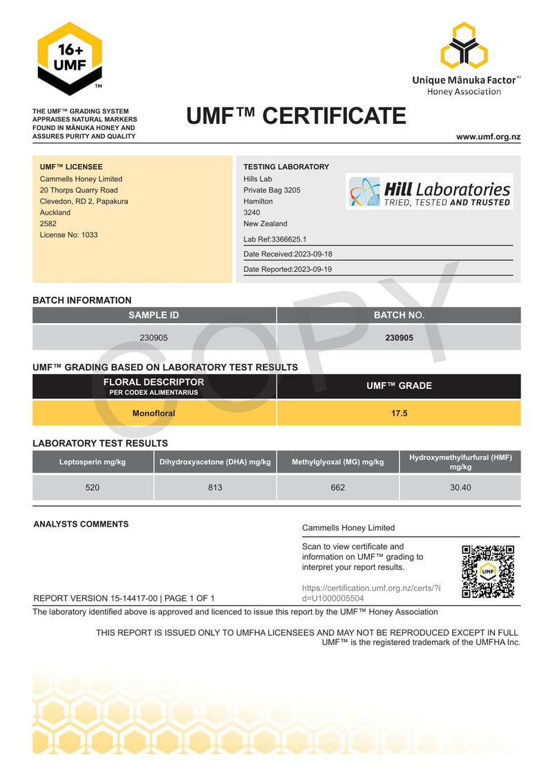 CAMMELLS Manuka Honey UMF 15+, (test result UMF 17.5), 500g