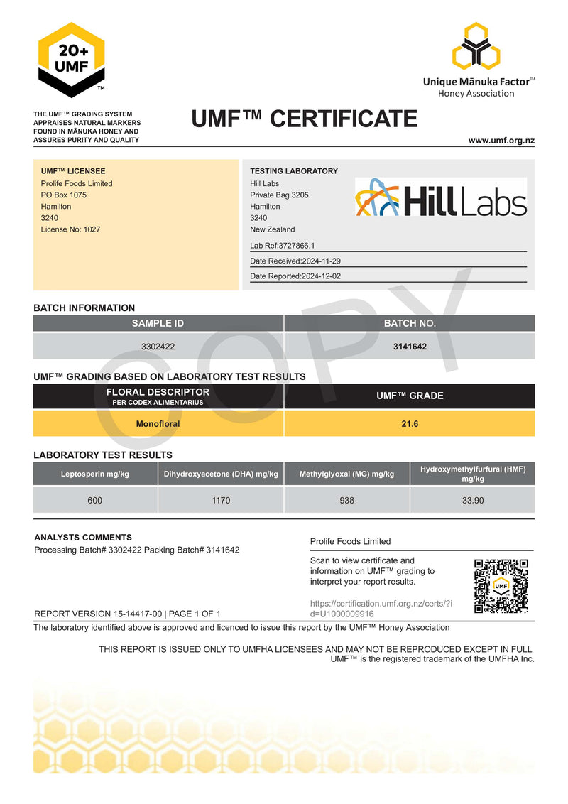 HADDRELL's Manuka Honey UMF 20+, MGO 938 mg/kg, 500g