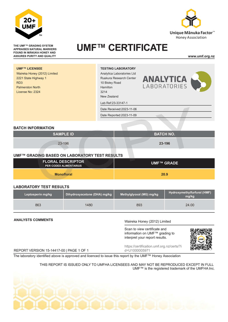 WAIREKA Manuka Honey UMF 20+, MGO 893 mg/kg, 500g