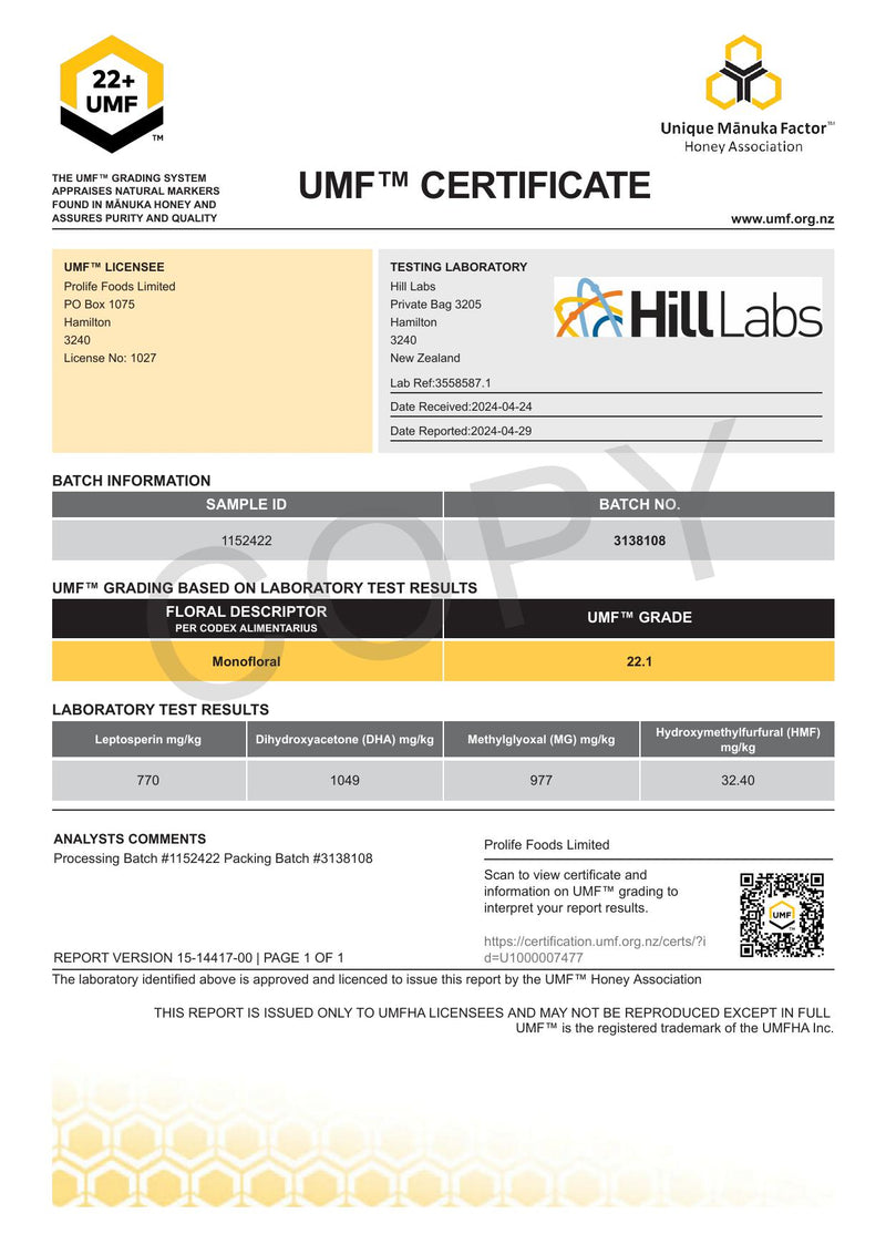 HADDRELL's Manuka Honey UMF 22+, MGO 977 mg/kg, 250g