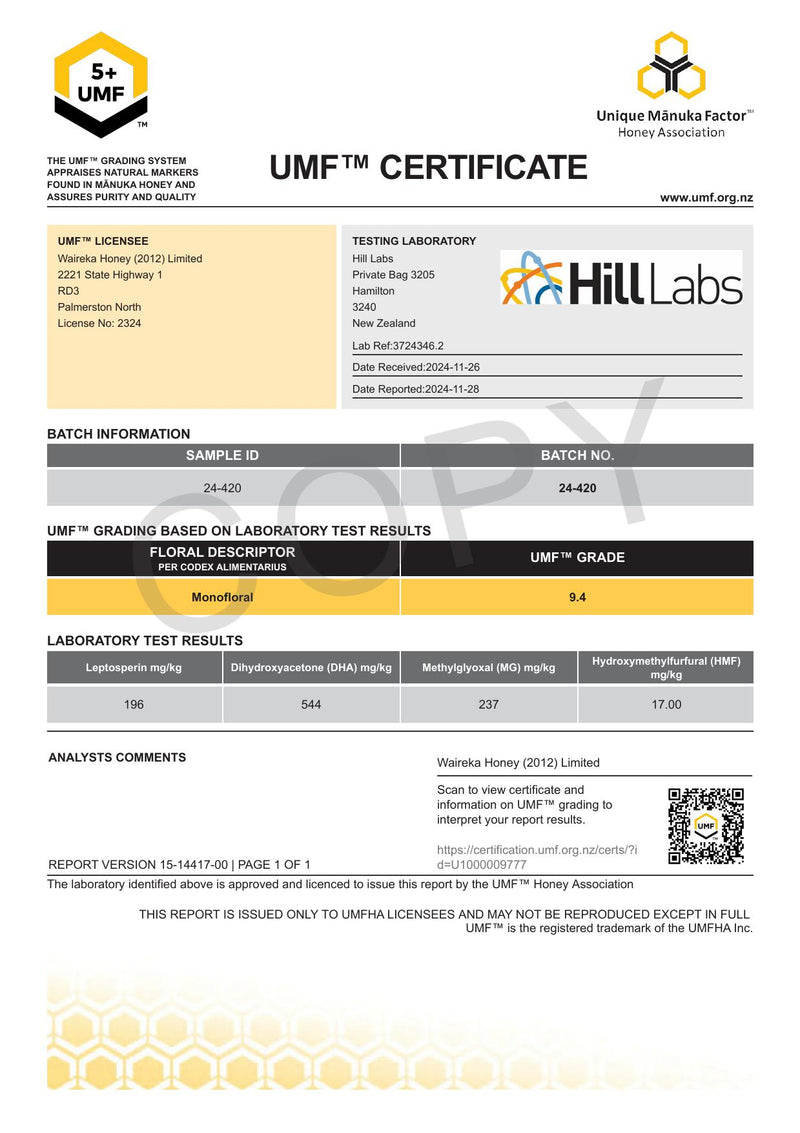 WAIREKA Manuka Honey UMF 5+, MGO 237 mg/kg, 500g