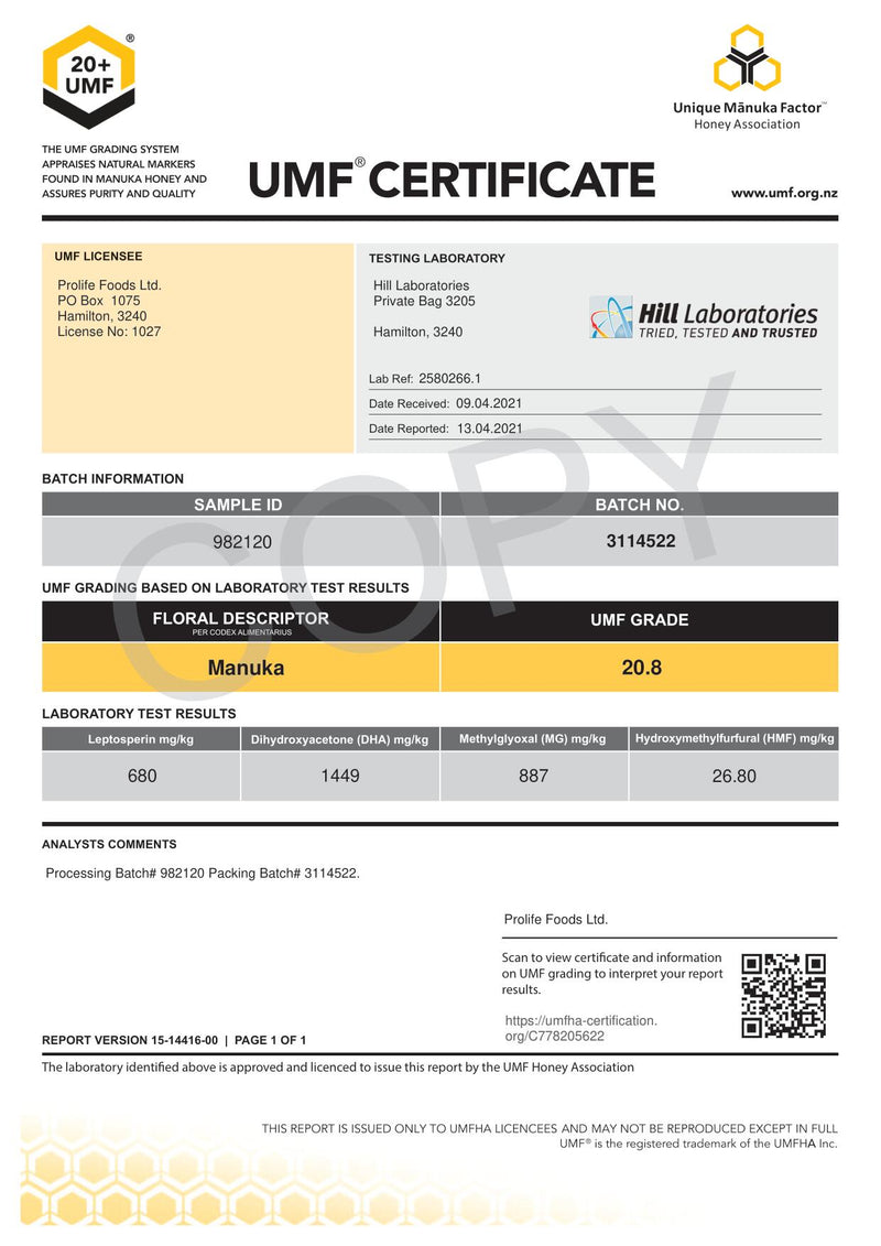 HADDRELLS Manuka Honey UMF 20+, MGO 887 mg/kg, 500g