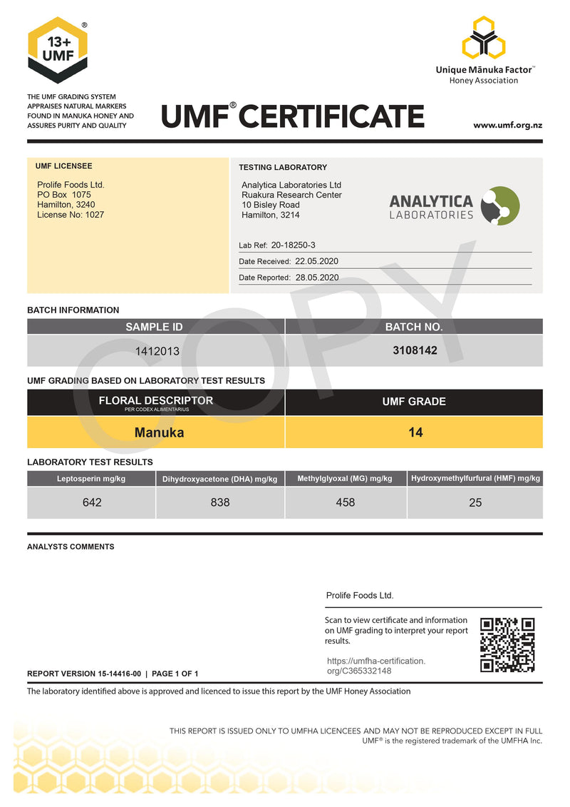HADDRELLS Manuka Honey UMF 13+, MGO 458 mg/kg, 500g - Manuka Canada, Honey World Store